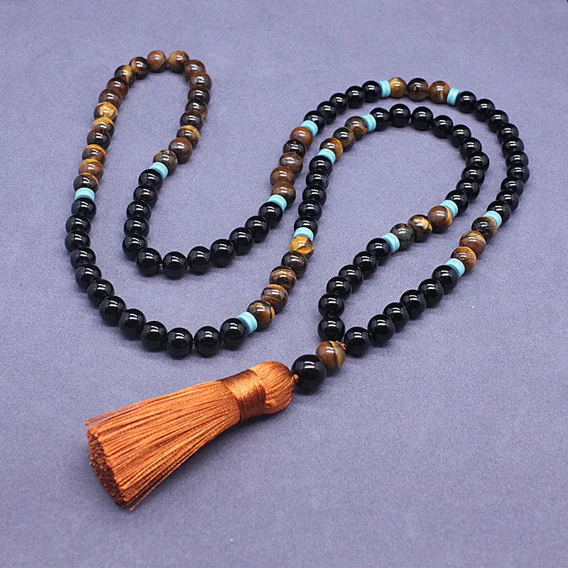 Black agate and tiger's eye bracelet and necklace set with geometric carved tiger pendant