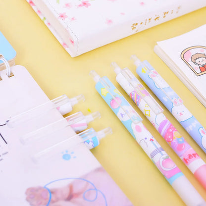 Six cartoon bunny design ballpoint pens with black ink and 0.5mm tips in packaging
