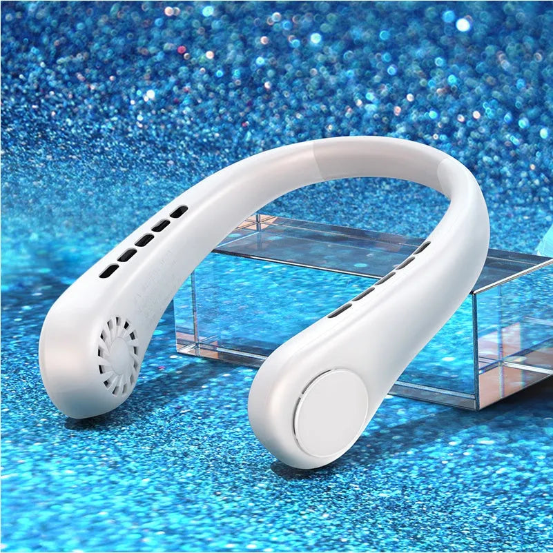 White bladeless hanging neck fan showing the annular air outlet and USB charging port.