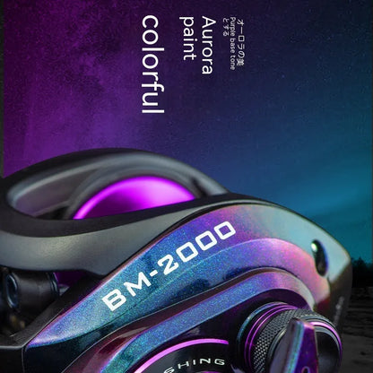 Colourful BM2000 spinning fishing reel with magnetic brake, shown in left and right-hand retrieve models.