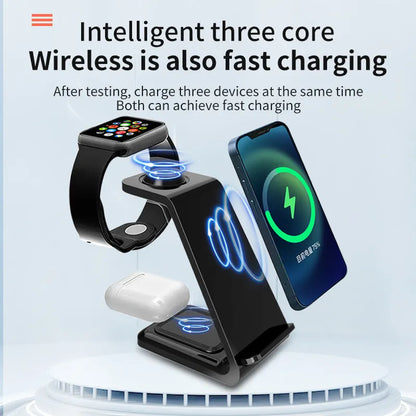 White 3-in-1 wireless charging station with phone upright in holder, watch and earbuds on charging pads