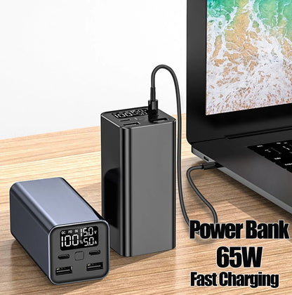 Super Fast Charging Metal Power Bank in black, blue, or grey with 65W output and 20000mAh capacity