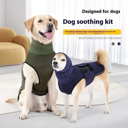 Polyester dog anti-anxiety jacket in army green colour showing mood soothing design for canine pets