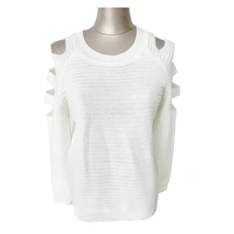 Women's white knitted shirt with hollow-out crochet pattern, round neckline, and long sleeves