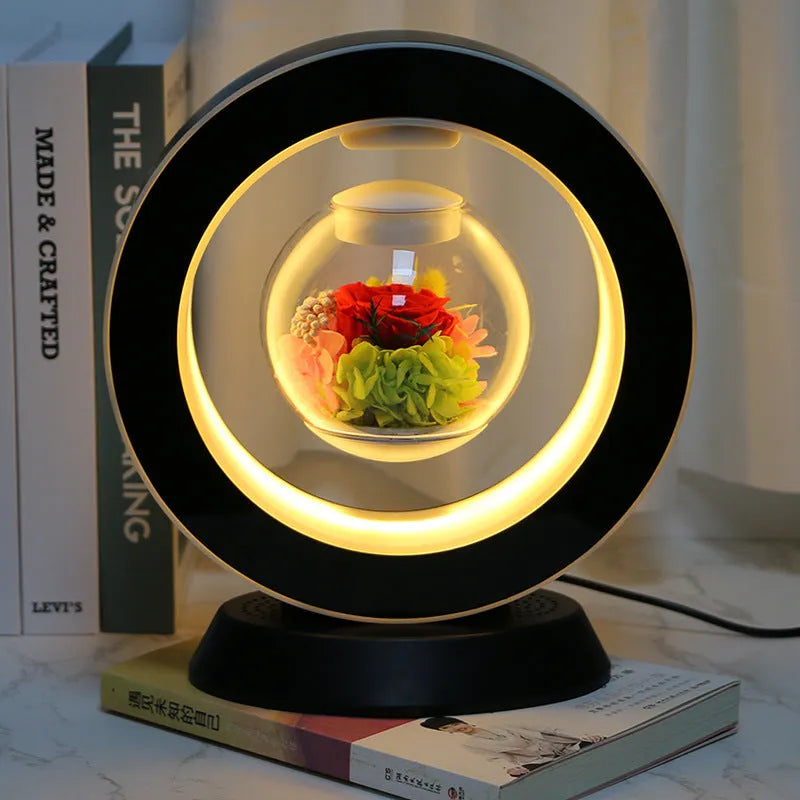 Magnetic levitation eternal rose lamp with rotating 15cm flower sphere above white base