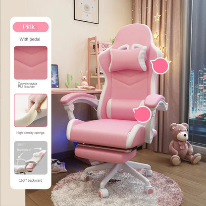 Blue rotatable reclining gaming chair for a girls bedroom with a five-star nylon base and fixed handrails.