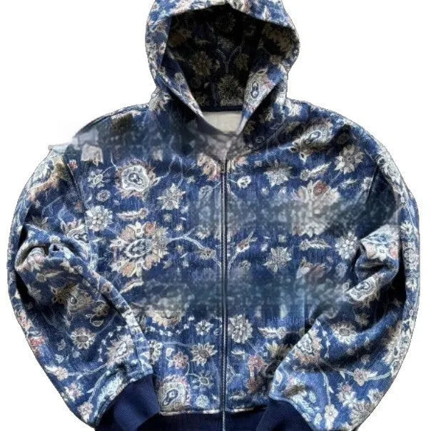 Men's loose blue hooded zip coat with digital printing showing front view