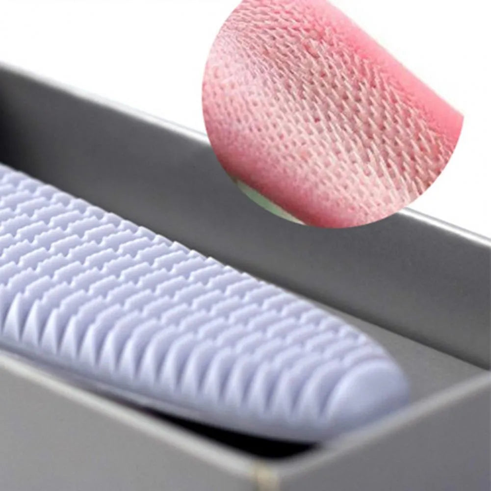 Grey and pink ABS plastic cat grooming comb with tongue-like texture and dual-ended design