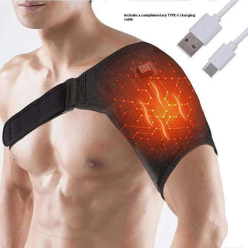 A grey free-size USB electric heating shoulder pad showing the plug and padded construction.