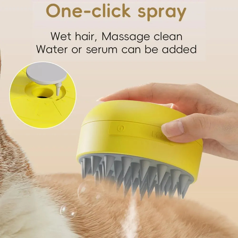 Green and yellow rechargeable cat steam brush with silicon bristles, measuring 85x85x52mm
