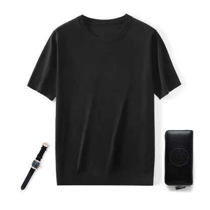 Men's loose-fit thin knitted pullover shirt in light grey, short sleeves, round neck.