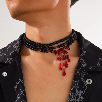 Men's Halloween blood drop tassel necklace with artificial crystal pendant and imitation pearl chain