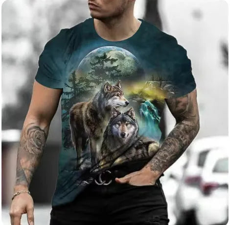 Retro-style men's short-sleeved T-shirt featuring a vibrant 3D animal graphic print on lightweight fabric.