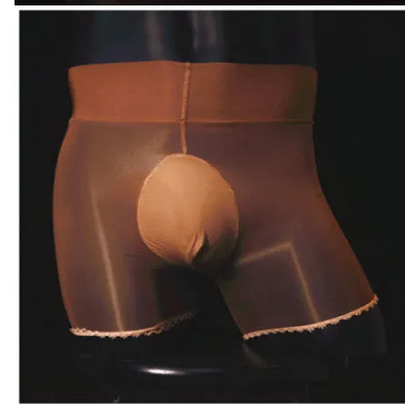 Men's sheer transparent stockings briefs with lace closures in black, coffee, red and skin colour options