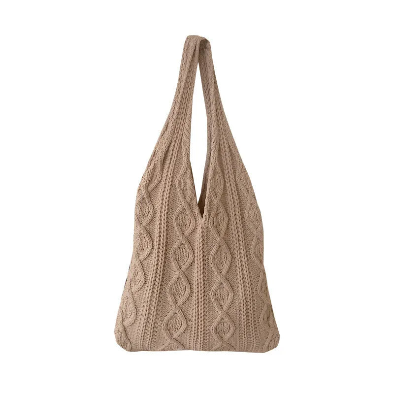 Women's retro crochet shoulder bag in hollow-knitted polyester with double straps, shown in khaki colour