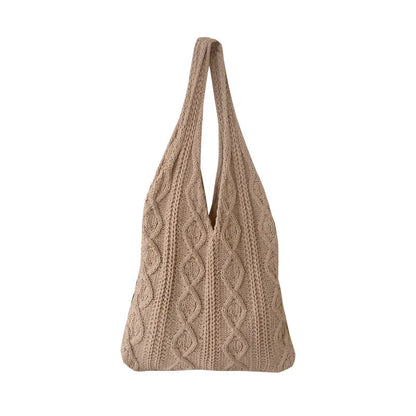 Women's retro crochet shoulder bag in hollow-knitted polyester with double straps, shown in khaki colour