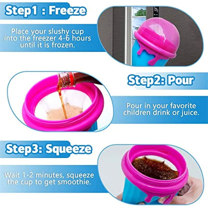 Blue 500ml slushy maker cup with squeeze bottle design for quick-frozen smoothies and homemade ice cream