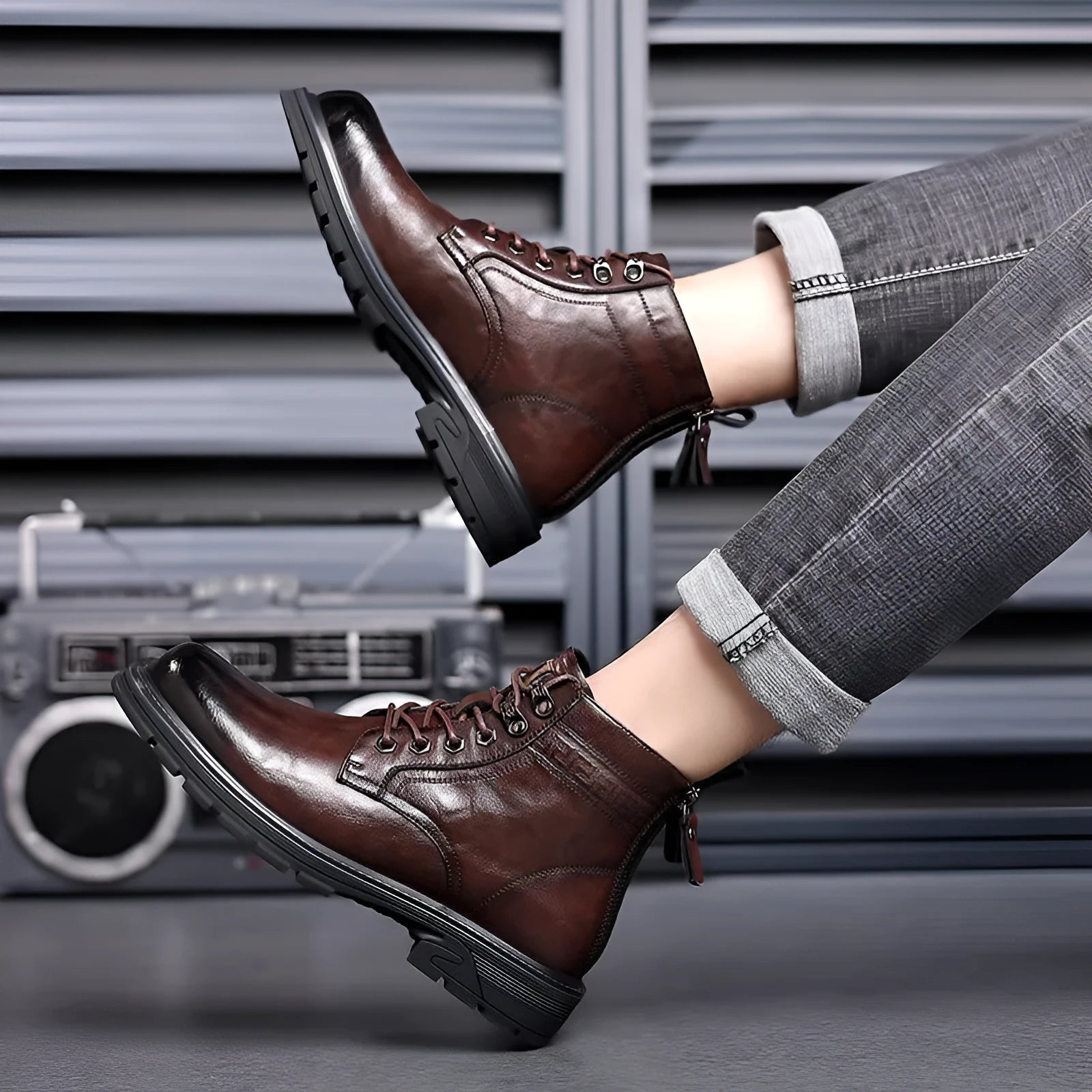Black patent leather women's ankle boots with a low square heel and high shaft on a white background.