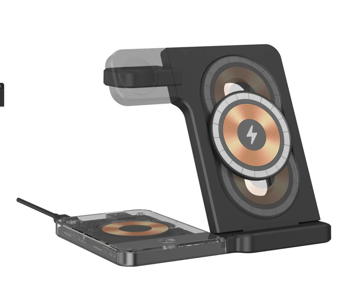 Black foldable three-in-one magnetic wireless charging stand for phone watch and AirPods on desk