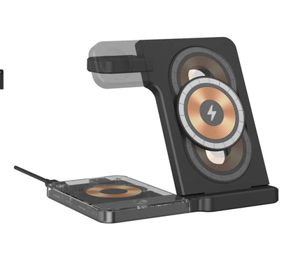 Black foldable three-in-one magnetic wireless charging stand for phone watch and AirPods on desk