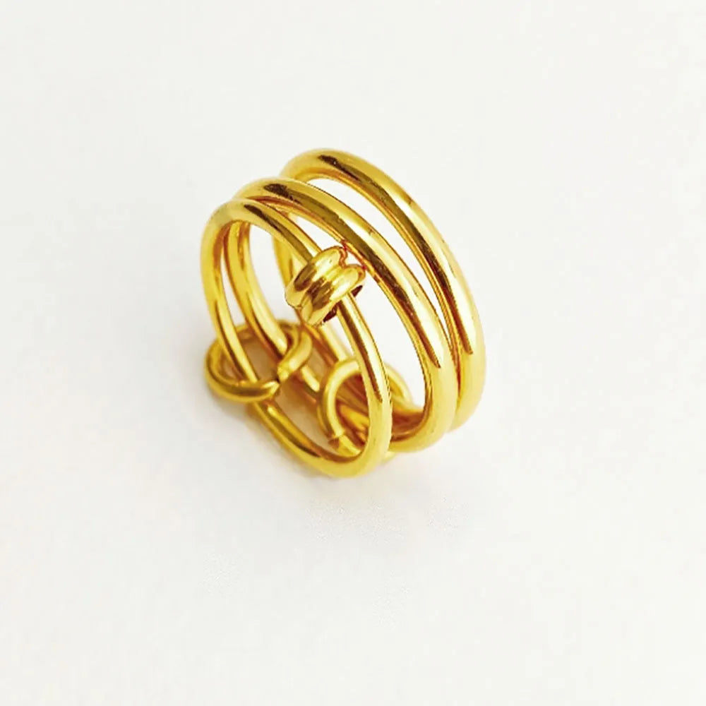 Gold electroplated titanium steel ring with geometric line design in Trinity ring gold B398, sizes 6 to 8