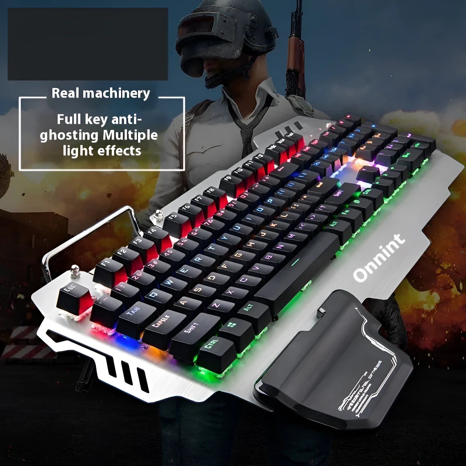 Silver metal gaming keyboard wrist rest with integrated wrist splint showing 55cm length
