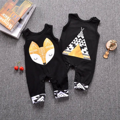 Cotton sleeveless baby one-piece in fox head and triangle tent colours, Class A, concealed buckle, 70cm to 100cm
