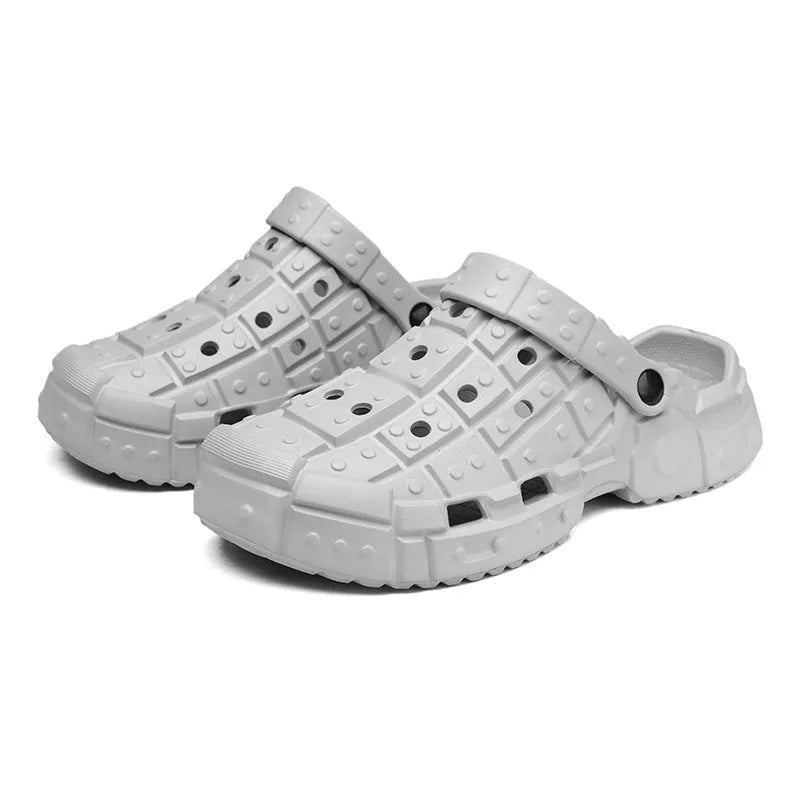 Men's sand-coloured EVA slippers with thick sole, hole design, and toe holder.
