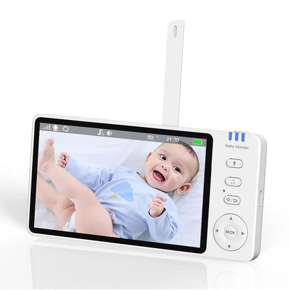 White HD wireless baby monitor with 5-inch LCD screen on a table