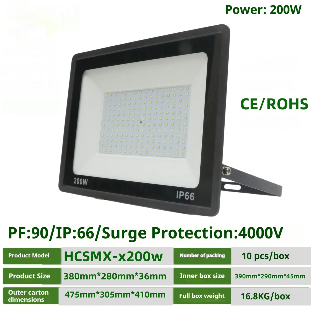 Black LED flood light with aluminium shell and glass cover, IP65 waterproof, 120° beam angle, 10W to 300W, cool white.