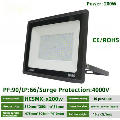 Black LED flood light with aluminium shell and glass cover, IP65 waterproof, 120° beam angle, 10W to 300W, cool white.