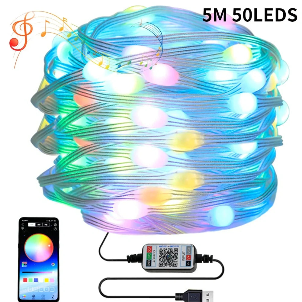 Bluetooth graffiti light string in picture colours, 100 LEDs over 10m with point control app interface