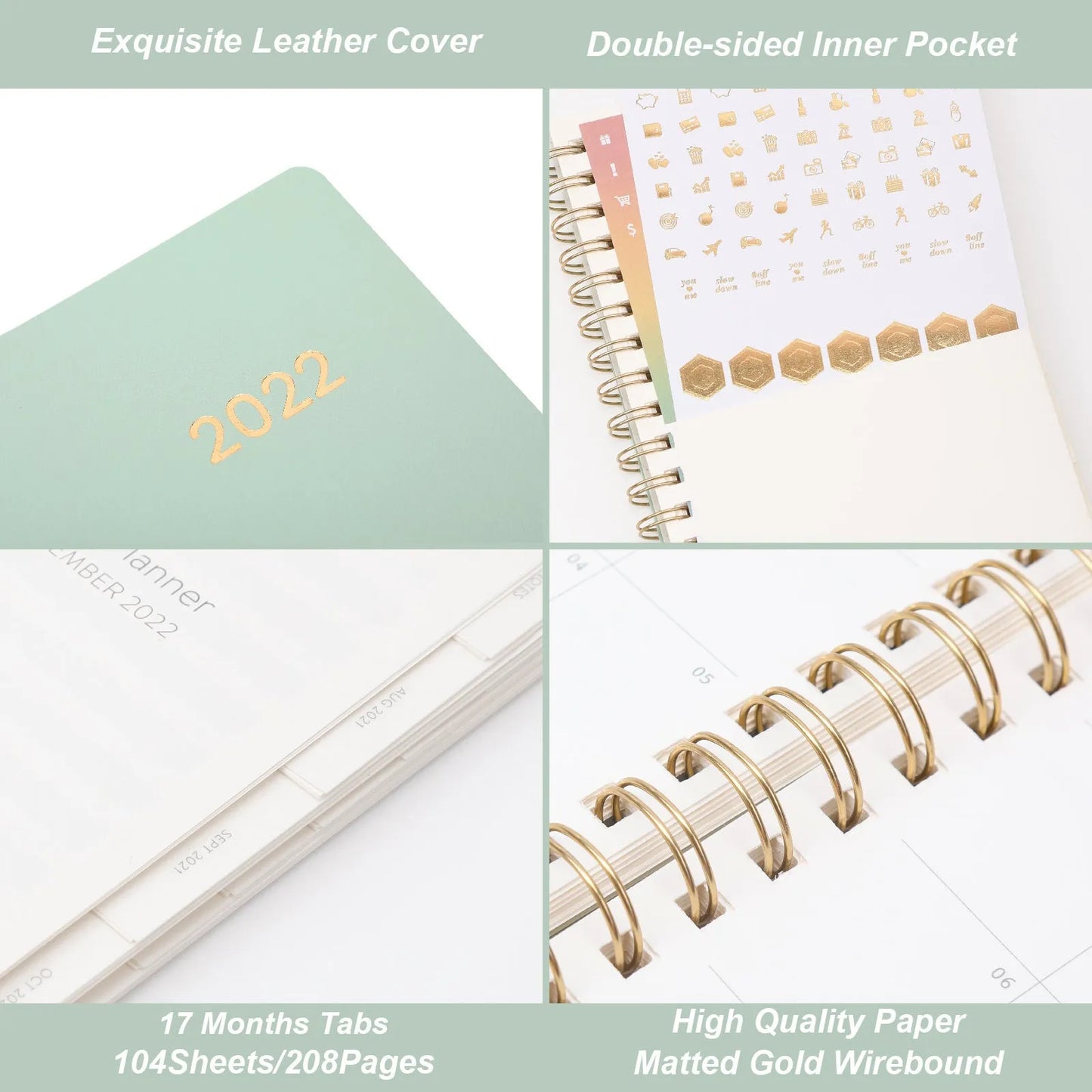 2022 week planner notebook with PU leather cover and coil binding, showing month grid pages