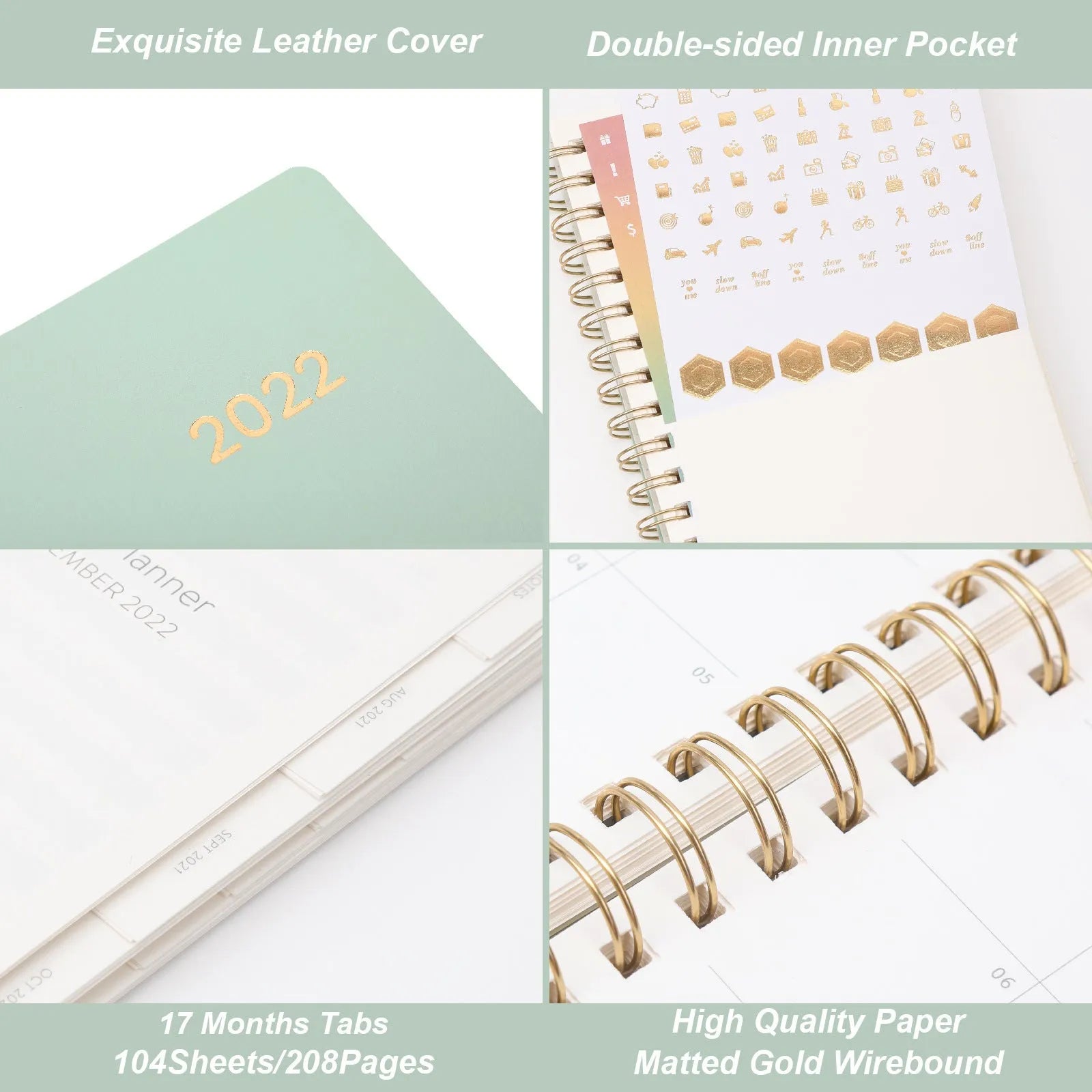 2022 week planner notebook with PU leather cover and coil binding, showing month grid pages