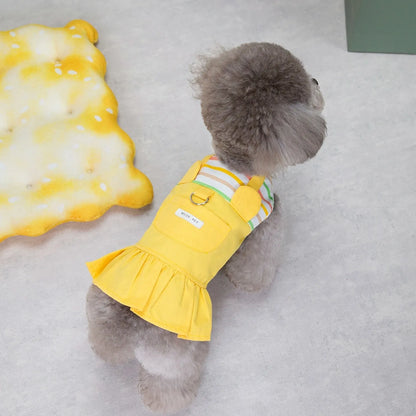 Orange and yellow striped patchwork cotton dog skirt shown in casual style
