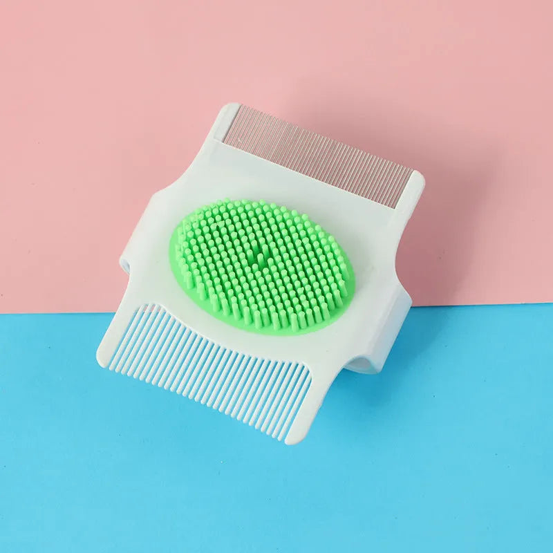 Blue and green multifunctional pet grooming tool with floating hair removal and massage features