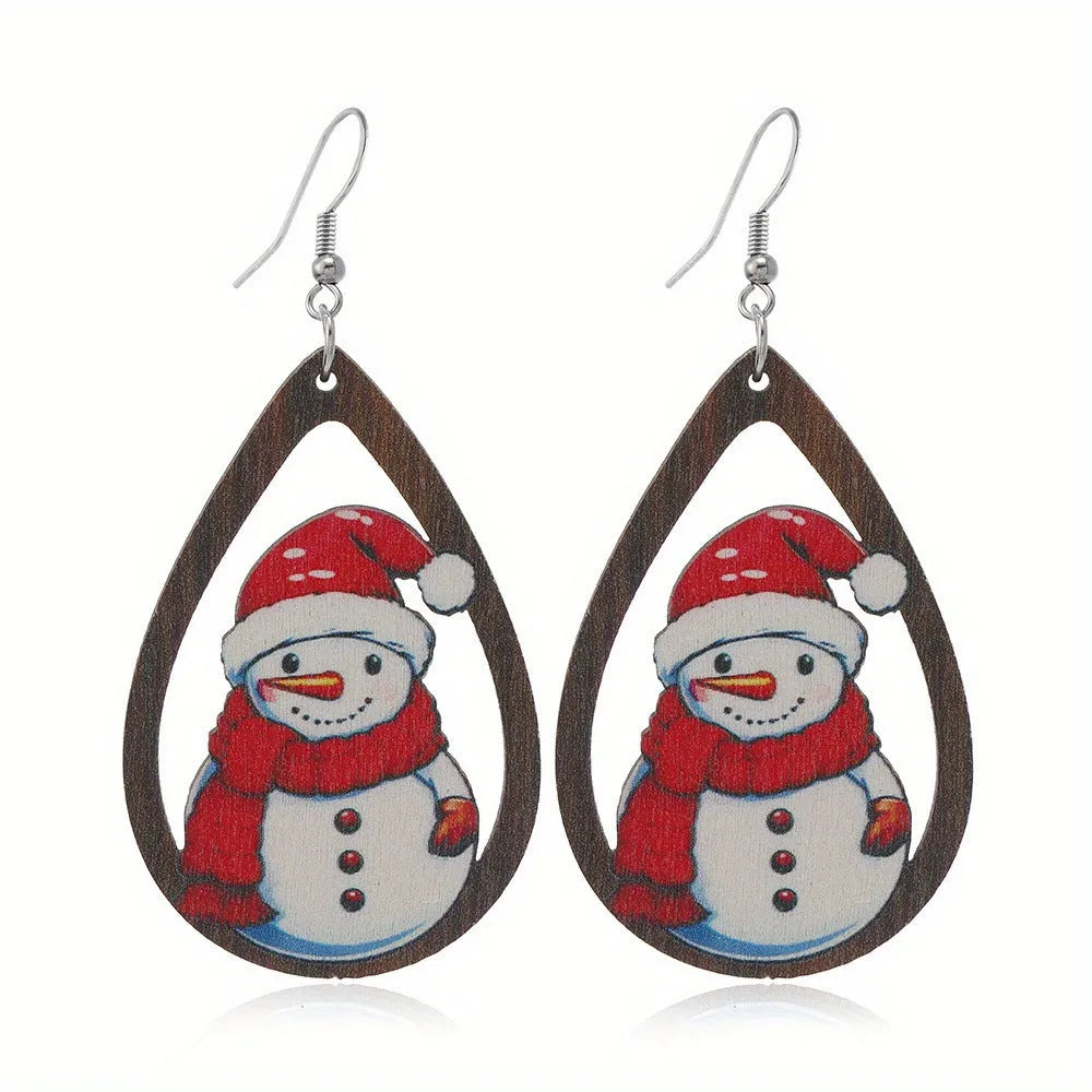 Geometric wooden Christmas earrings with printed Santa Claus motifs in Christmas tree and water drop snowman designs
