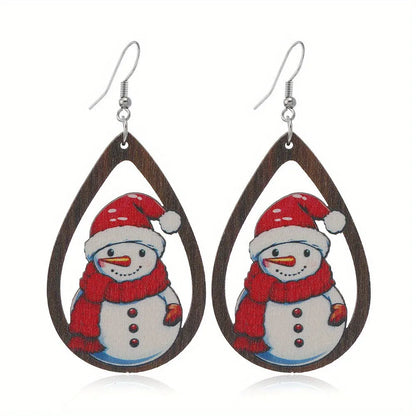 Geometric wooden Christmas earrings with printed Santa Claus motifs in Christmas tree and water drop snowman designs