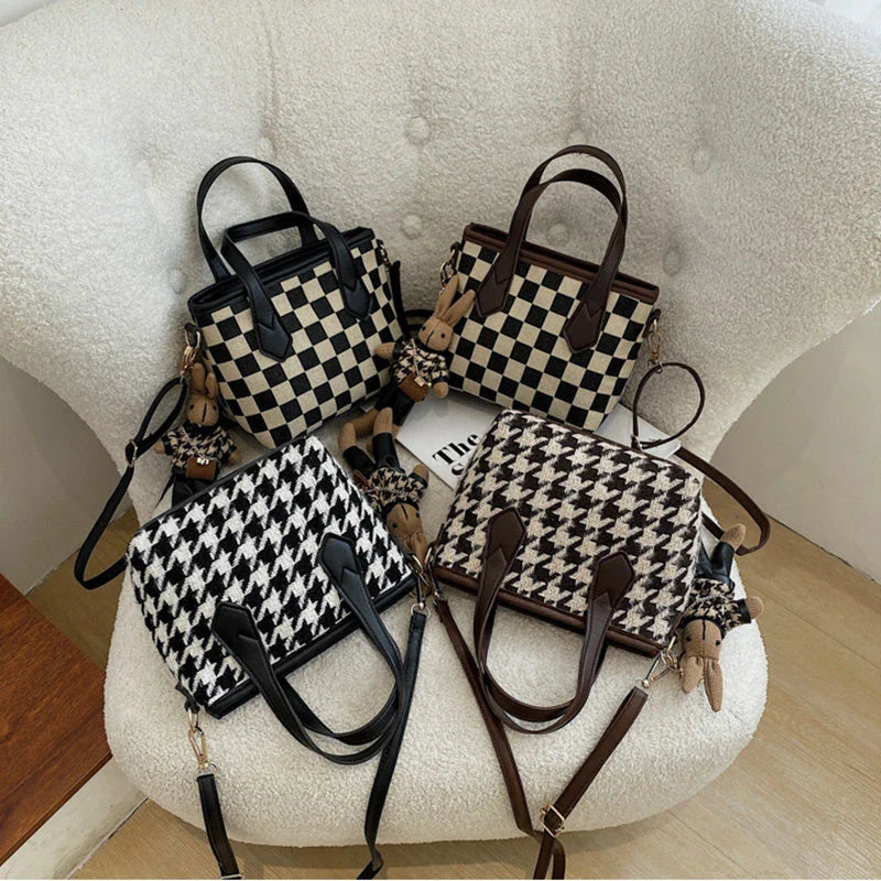 Premium houndstooth and plaid crossbody bags with stylish patterns, comfortable wool material, and versatile design