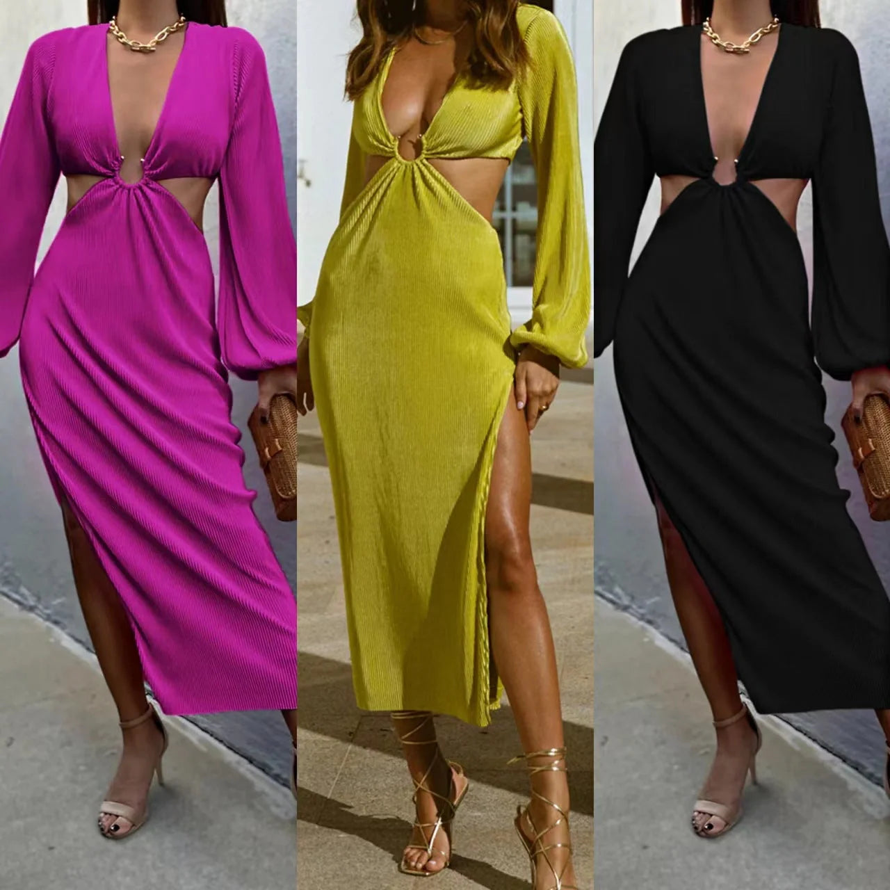 Stylish autumn waistless pleated dress for women in yellow, black, and dark pink