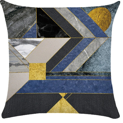 Geometric pattern throw pillow on office sofa showing 45x45cm size with ultra-flexible printing