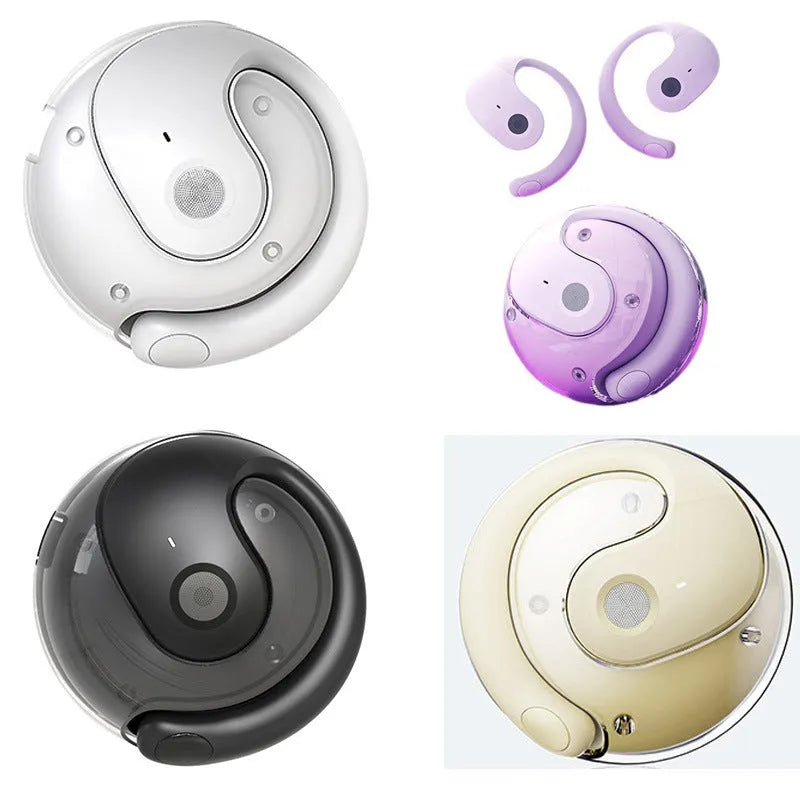 Small Coconut Ball wireless Bluetooth ear-hook headset with bone conduction, shown in Black, Milky White or Violet PC ABS
