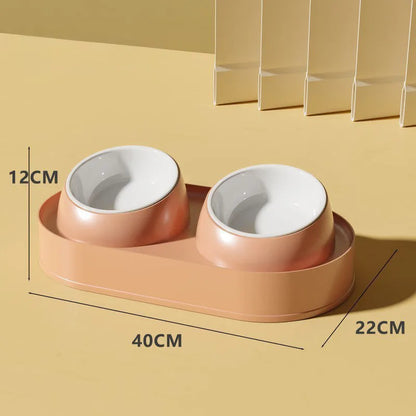 White elevated pet feeder with two tilted bowls on a non-slip base, for cat and small dog food and water.