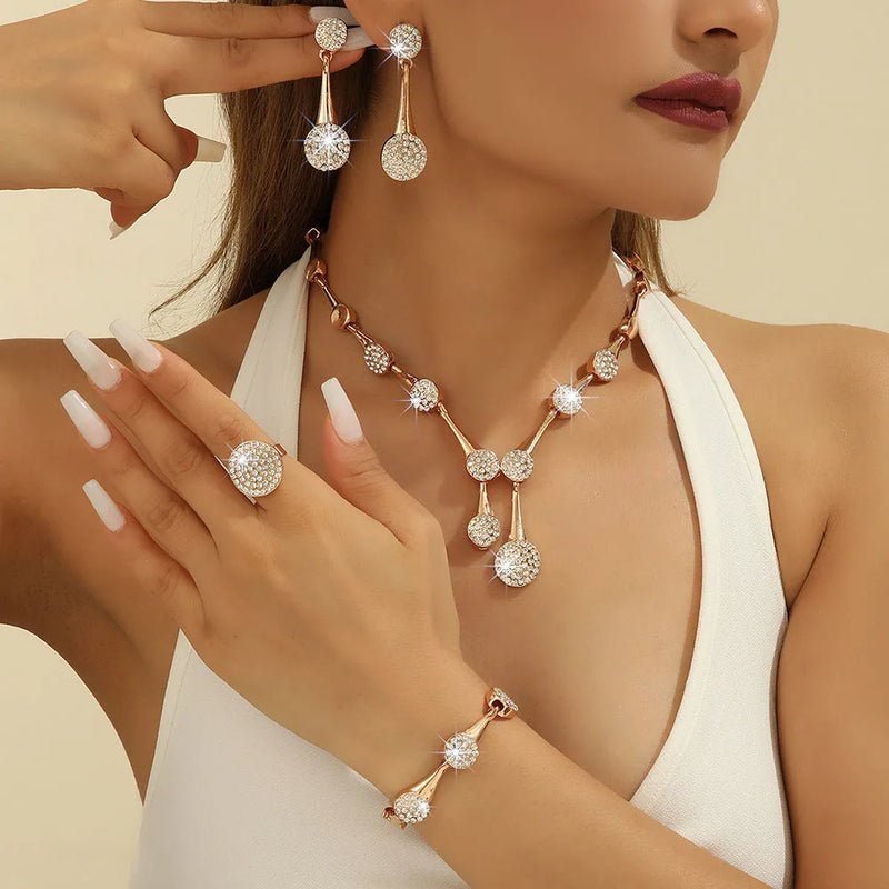 Gold Tone Alloy Jewellery Set with Flower Leaf Pendant Necklace Bracelet and Earrings Electroplated Finish Bow Fan Motifs for Women