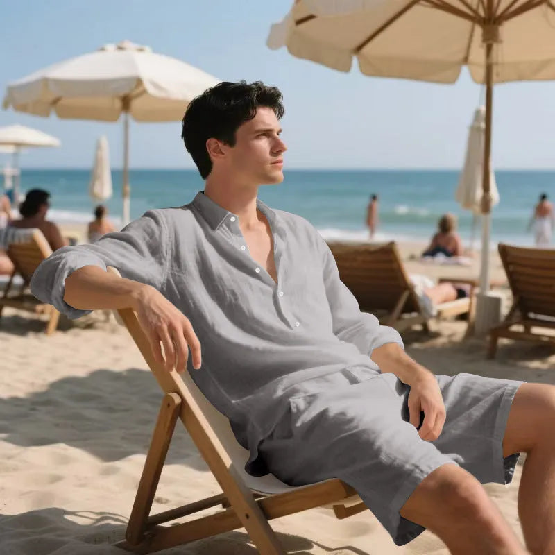 Linen long sleeve shirt and shorts casual suit set shown in available colours: white, black, khaki, light blue, gray.