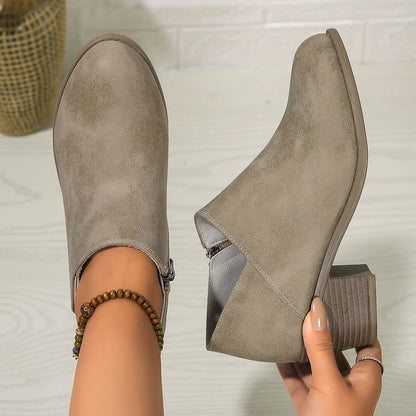 Women's chunky heel ankle boots with side zipper in blue, black, and khaki