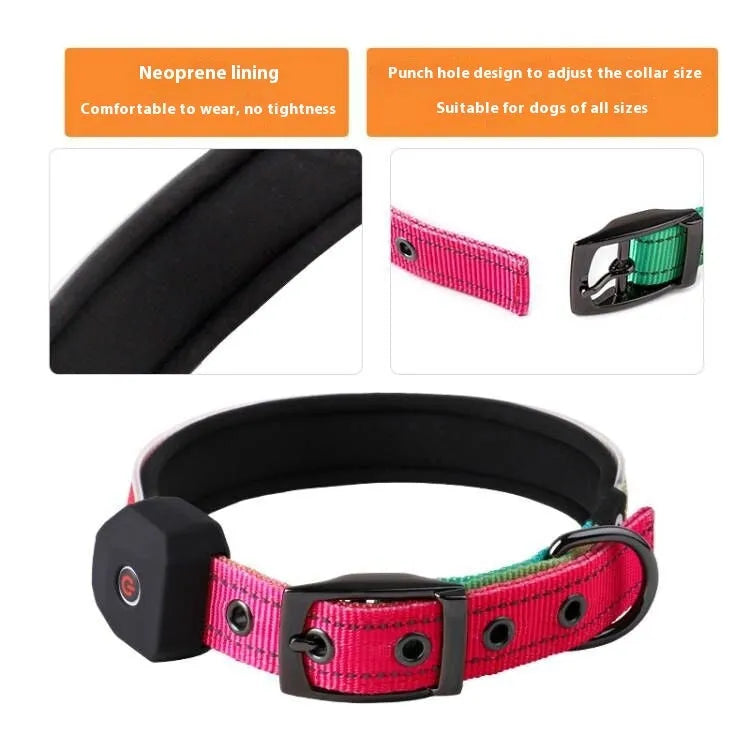 Blue and green plaid LED dog collar with USB charging port and reflective safety stripes