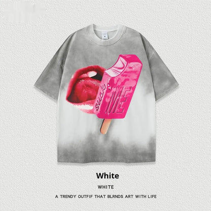 A loose-fit heavy washed cotton T-shirt with a cartoon print, shown in a selection of available colours.