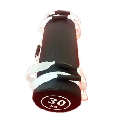White PVC training sandbag with leather exterior shown in gym setting with weight options from 5kg to 30kg