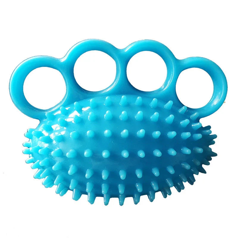 Therapeutic hand grip massager with massage bumps and finger holes for improving grip strength and relaxing hand muscles
